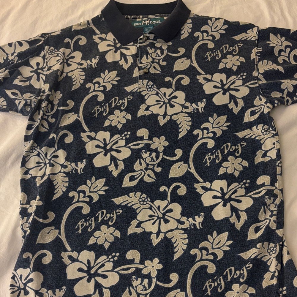 VINTAGE Big Dogs Men's Hawaiian POLO Shirt Blue White Floral Hibiscus